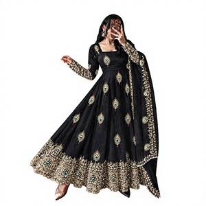 Robe Anarkali noire brodée pour femme, longueur ras du sol, style traditionnel indien pakistanais, coupe ample, en polyester extensible - Product Image 1