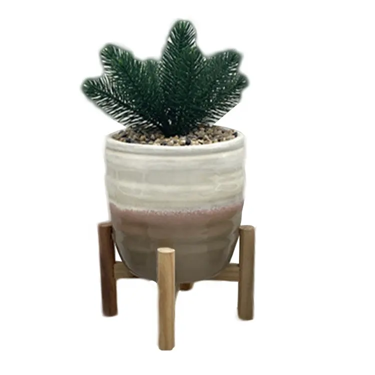 Penjualan Laris Baru Pot Tanaman Bunga Sukulen Mini Kaca Efek Reaktif Pot Pot Pot Tanaman Kecil Keramik Kustom dengan Dudukan Kayu