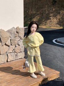 เสื้อสเวตเชิ้ตเด็กผู้หญิงลายสปริงดีไซน์ 105 พร้อมกางเกงขายาว ชุดเสื้อผ้าเด็กเล็กสีเหลืองล้วน 2 ชิ้น ขายส่ง - Product Image 6