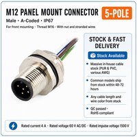 Conector de Panel M12 DIN Personalizado de 5 Pines, Macho, con Brida, Clasificación IP67, Contactos de Aleación de Cobre Chapados en Oro, Arnés de Cableado
