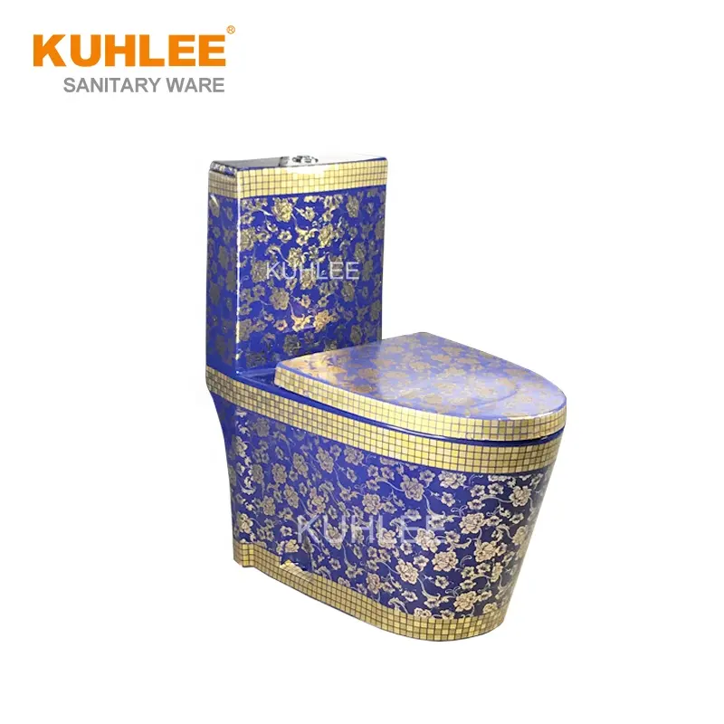 الذهب اللون الأزرق الفاخرة المرحاض أدوات صحية صينية الذهبي تصميم الحمام مرحاض السيراميك كرسي الحمام المتصل السلطانية