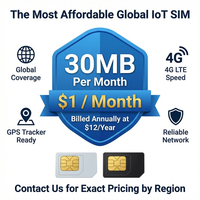 IoT 4G SIM Card for GPS Tracker Vehicle Tracking PC 30MB Monthly 190+ Countries Global Coverage Annual Subscription Plan