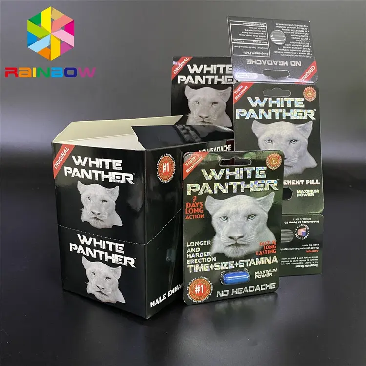 Custom Gedrukt Rhino Pillen Mannelijke Enhancement Kaarten Blister Black Panther Met Witte Panter Display Box