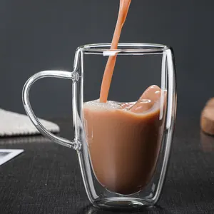 الجملة واضح البورسليكات الزجاج مقبض الشاي فنجان القهوة أكواب اسبريسو كوب زجاجي مزدوج الجدار مع غطاء من البامبو - Product Image 2