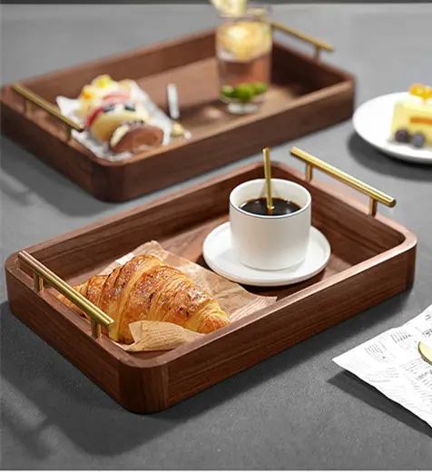 Solid wooden bamboo serving trays coasters with brass handles for food home decoration bathroom kitchen