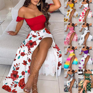Ensemble deux pièces grande taille à imprimé floral, haut court épaules dénudées et jupe longue fendue, pour femme, tenue de plage assortie - Product Image 2