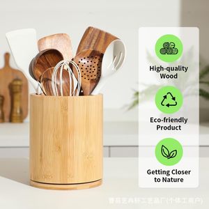 Caja giratoria de madera para cubiertos, organizador de cocina redondo de bambú, Lazy Susan, soporte multiusos para utensilios de cocina. - Product Image 3