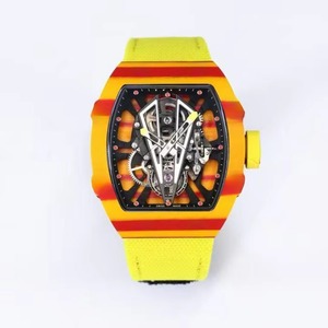 A high-end and fashionable men's <b>watch</b> with a visible dial and a carbon fiber <b>skeletonized</b> design in yellow and red - Product Image 2
