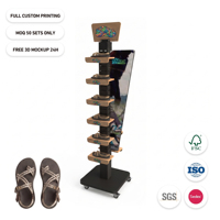 Présentoir à chaussures personnalisé - Présentoir à chaussures en bois double face avec roulettes et en-tête avec logo personnalisé pour supermarché
