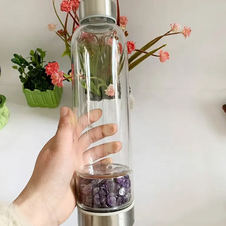 Wholesale natural crystal gravel infused glass drinking crystal water bottle
