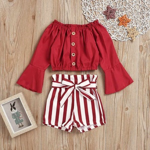 Ensemble 2 pièces pour bébés filles, hauts à volants, épaules dénudées, couleur unie + short rayé, vêtements pour nouveau-nés, 2021 - Product Image 3