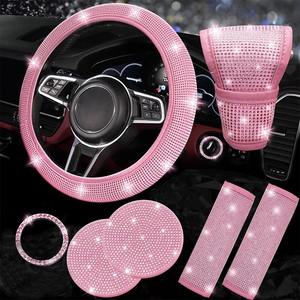 Wholesale Versatile Car Interior Protection <strong>Pink</strong> Rhinestone <strong>Seat</strong> Belt <strong>Covers</strong> and Cup Coaster PU Leather for Daily Commutes - Product Image 4