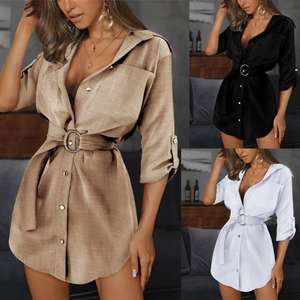 Vestido de Oficina Sexy para Mujer, Estilo Europeo Americano, con Botones, Cuello Camisero, Manga Larga, Elegante, con Cinturón en la Cintura - Product Image 2
