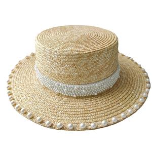 Amader — chapeau de paille de blé pour femme, pare-soleil à la mode, en forme de bateau, perles <span class=keywords><strong>Petra</strong></span> naturelles, nouvelle collection été - Product Image 1