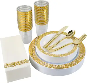 Supplies Elegant Luxury 50 Units Plastic Plates Disposable Wedding Set Party And Cups White And Gold And Cutlery Set