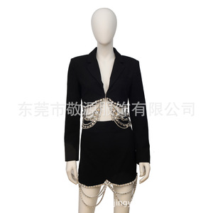 Women's Suit <b>Set</b> Black Chain Decorated <b>Blazer</b> <b>Shorts</b> <b>Set</b> Custom Made OEM Fashion Wear For Women - Product Image 2