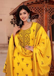ผู้หญิงออกแบบเว็บสีเหลืองกางเกง Kurta และชุด Dupatta พิมพ์ดิจิตอลใน Kurta Kameez ด้วยผ้าฝ้ายแท้ Dupatta - Product Image 6