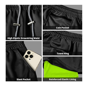 Shorts de sport pour hommes sur mesure en gros, shorts de course 2-en-1 de 5 pouces, 90 % polyester, 10 % élasthanne, avec doublure intégrée - Product Image 3