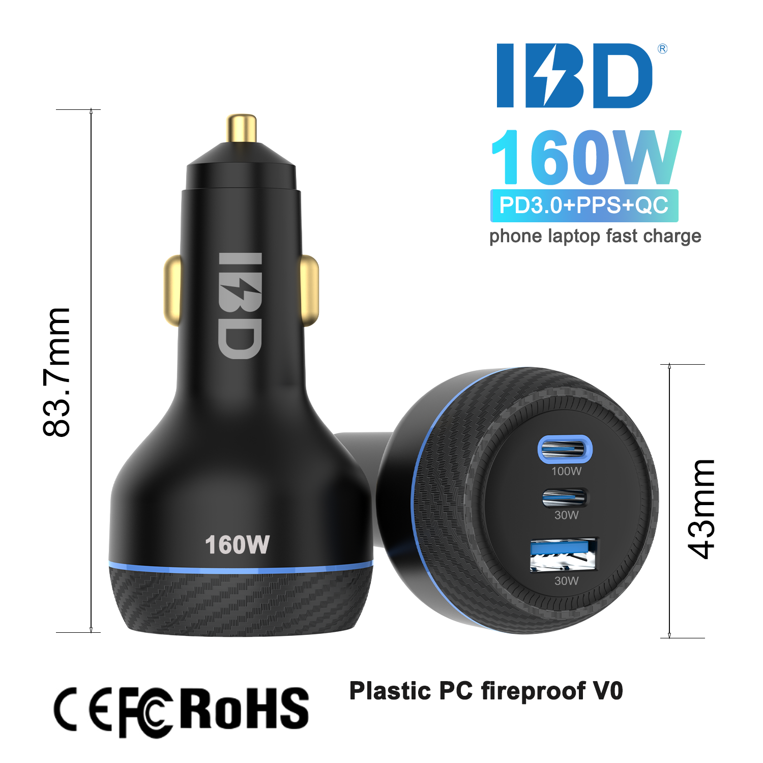 Black Plastic 160W Fast car charger