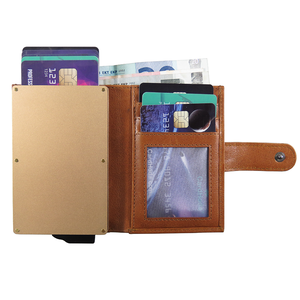 Genuine Leather Card Holder <b>Men</b> Short <b>Wallet</b> Aluminum <b>RFID</b> Blocking Multi-Card Position Snap Closure Minimalist Style - Product Image 1