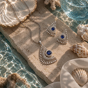 Premium 925 Sterling Silver Blue Sapphire Jewelry Set <b>Fan</b> Design <b>Necklace</b> Earrings Elegant Gemstone Fashion Jewelry - Product Image 1