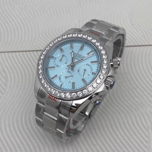 Nouvelle montre chronographe à quartz pour homme de 39 mm, boîtier en acier massif, cadran bleu glacé avec index en strass, alimentée par un mouvement VK63 - Product Image 3