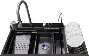 Évier de cuisine intelligent moderne en acier inoxydable 304 <span class=keywords><strong>noir</strong></span> avec drain en cascade et installation sous plan, doté d'un égouttoir et d'un plateau de séchage - Product Image 2