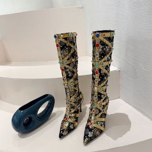 <span class=keywords><strong>Stivali</strong></span> Alti al Ginocchio da Donna Stile <span class=keywords><strong>Cowboy</strong></span> Etnico con Strass, Tacco Alto a Punta e Dettagli Metallici alla Moda - Product Image 3