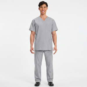 Ensemble de blouses médicales grises pour hommes, haut à col en V avec poches et pantalon assorti, uniformes d'hôpital, tissu tissé en coton et polyester - Product Image 1
