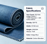 Tissu sergé en denim 21S Slub Indigo, mélange coton/polyester, 150D 200GSM 57/58 pouces, respirant, résistant à l'abrasion, pour vêtements et usage domestique