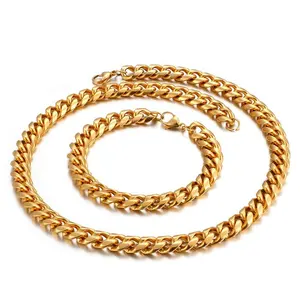 9mm Stainless Steel Jewelry Hiphop Necklace 18k Gold PVD Plated Cuban Curb Chain 50cm Necklace Bracelet Set For Mens