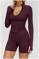 Veste de yoga pour femme, col rond, taille élastique, manches longues, légère, unie, ajustée, respirante, devant