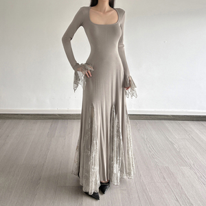 French elegant lace inset spliced square neck flared sleeve <b>dress</b> socialite temperament fashion slim gentle long <b>dress</b> - Product Image 4