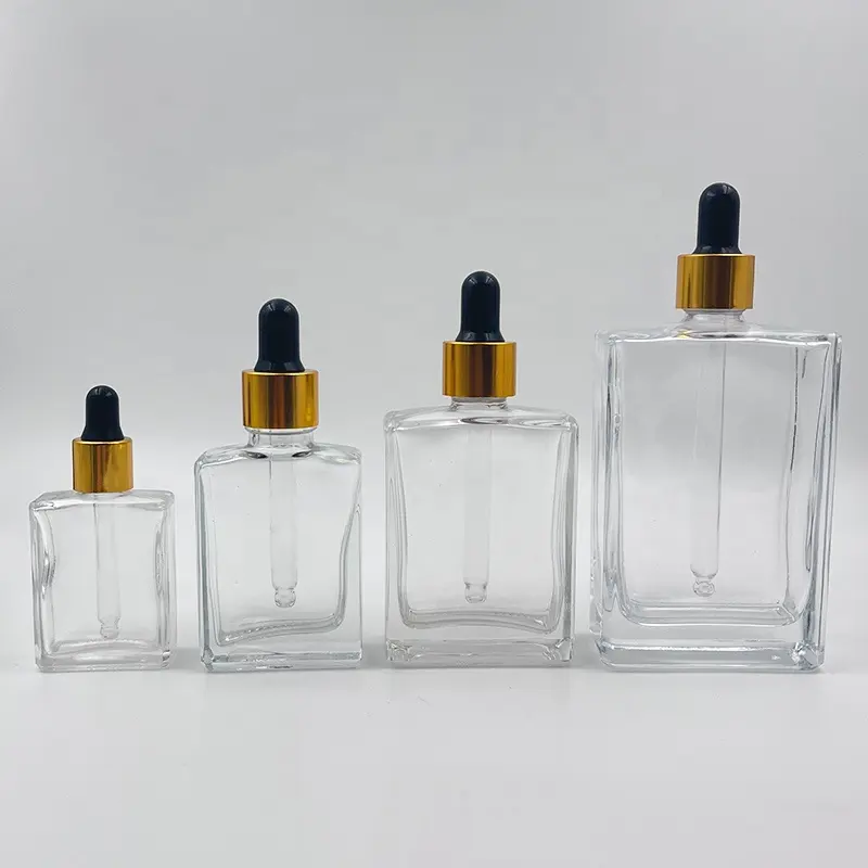 투명한 사각 15ml 30ml 50ml 100ml 명확한 정유 점적기 금 나사 뚜껑을 가진 유리제 혈청 병 1oz