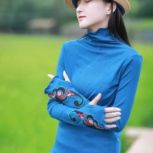 Ethnic Style Embroidered High Neck Long Sleeve Base Shirt For Women Blue With Wood Ear Edge Autumn Winter Warm Wear - Product Image 1