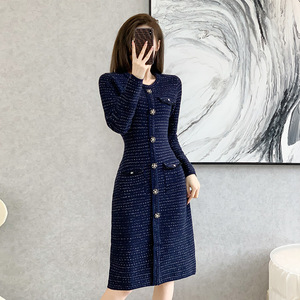 Robe élégante pour femme en <span class=keywords><strong>jacquard</strong></span> à carreaux d'automne, taille haute, col en V, amincissante, <span class=keywords><strong>jupe</strong></span> longue de mondaine - Product Image 3