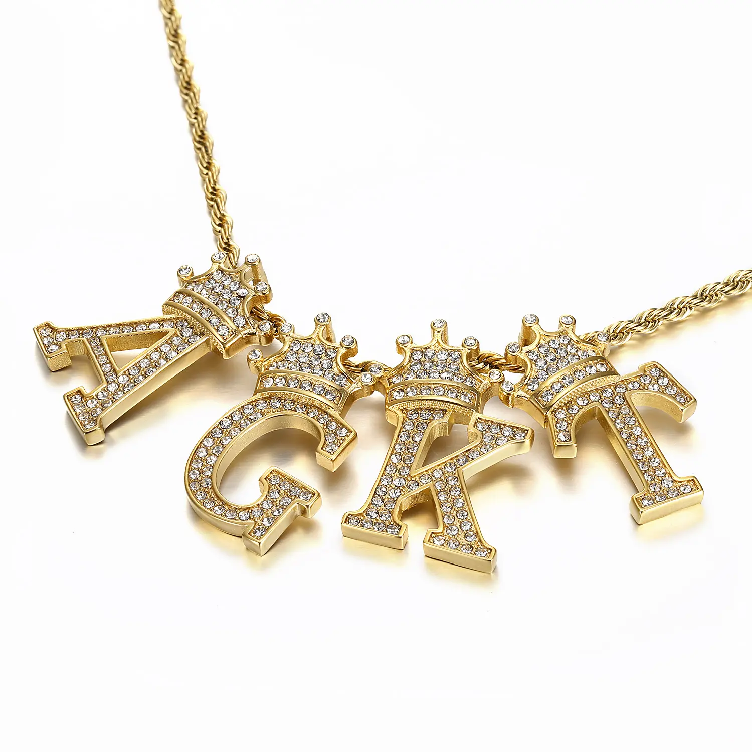 Bijoux de mode hip-hop pour hommes plaqué or cadeau acier inoxydable fin 26 lettres diamant couronne pendentif collier