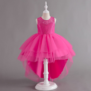 Girls Lace Tulle Ball Gown Dress Pink O-Neck High Low Hem Flower Girl Birthday Party Dress - Product Image 1