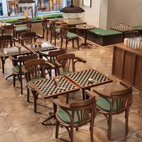 Ensemble table et chaises de salle à manger vintage en bois massif, style ferme traditionnel à carreaux, pour restaurant, café, salle de loisirs et salle de jeux