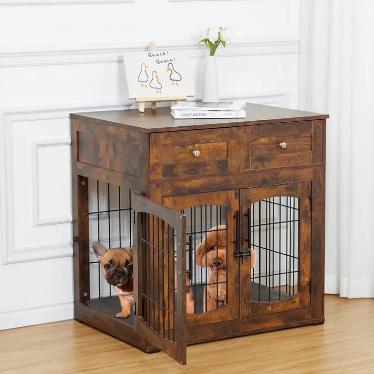 Modern pet house furniture style tavolino doppia porta impilabile da tavolo in legno per interni cassa per cani con 2 cassetti