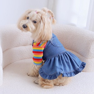 Rainbow Striped Turtleneck Knit <b>T</b> Shirt Set With Denim Overalls Ruffled Trim For Dogs <b>Cats</b> Pet Clothes Four Seasons - Product Image 3