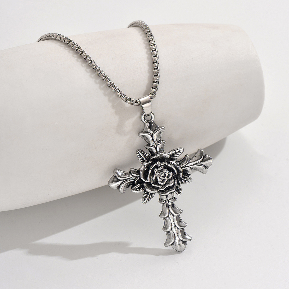 Europe America New Trendy Rose Cross Long Necklace Men's Hip Hop Fashion Pendant Joker Sweater Chain For Gift Direct Wholesale