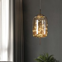 Lampu Gantung Dalam Ruangan Gaya Nordic untuk Ruang Tamu, Dapur, dan Pulau Dapur, Lampu Gantung Modern Kecil dengan Remote Control, Bola Kaca Abu-abu Amber