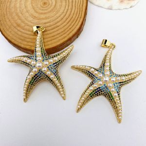 Musim panas gaya baru Pave permata mutiara manik-manik biru bintang laut desain liontin untuk membuat kalung berlapis emas kuningan perhiasan untuk wanita pria - Product Image 4