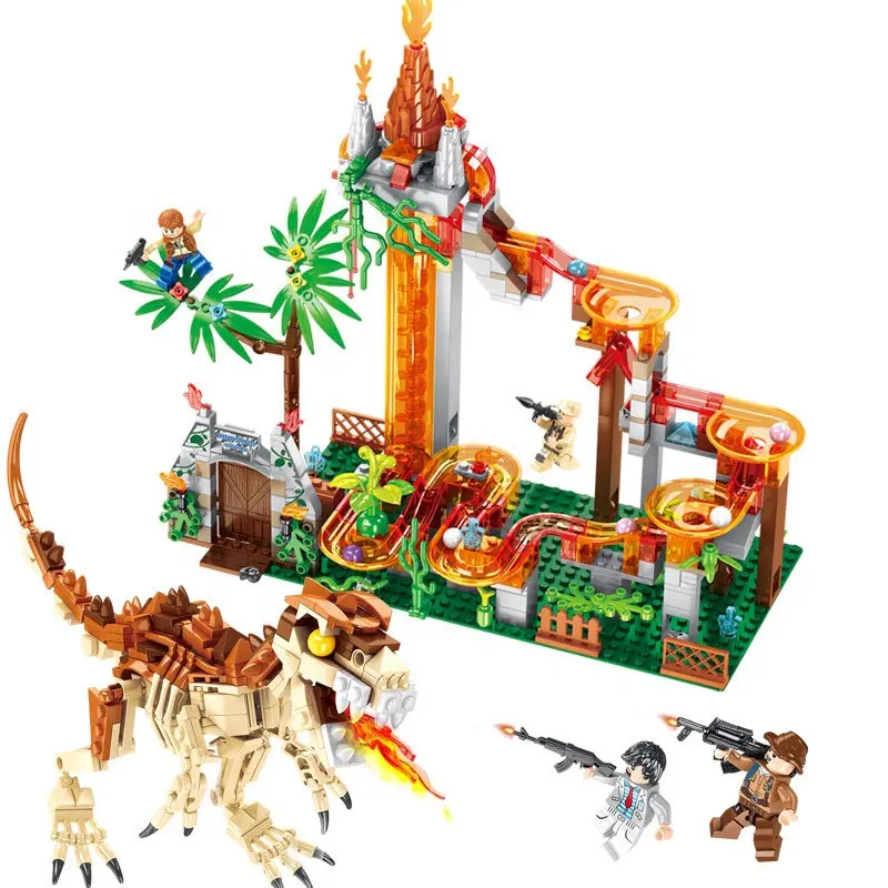 Elektrische Jurassic Dinosaur Park Jungle Wereld Spoor Doolhof Bal 3d Bouwstenen Ras Speelgoed Marmeren Run