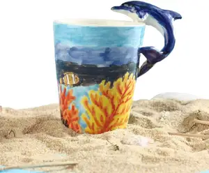 畅销商品散装批发13盎司手绘定制可爱海豚动物马克杯3D陶瓷咖啡杯新奇礼品