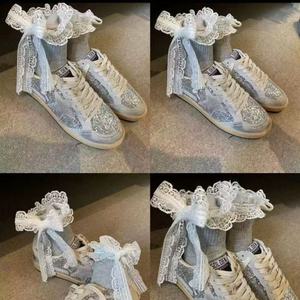 Women Ankle <b>Socks</b> White <b>Black</b> Gray Lace Bow Breathable Polyester Fiber Sweat Absorbing Solid Color Youth 18 40 Years Old - Product Image 2