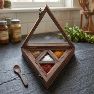 Handmade Sheesham Wood Triangle Spice <b>Box</b> Glass Lid Food Grade Dishwasher Safe Durable Masala Storage <b>Herb</b> Spice Tools - Product Image 5