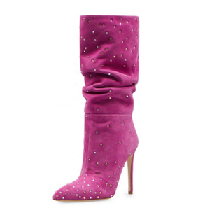 Women's Suede Diamonds Knee High Boots Sexy Pointy Toe Stiletto Shoes Woman <b>Long</b> Boots Custom Logo Sizes Booties - Product Image 3