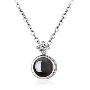 Valentines Black Round Pendant Necklaces 925 Sterling Silver I Love You 100 language projection Photo Custom Couple Necklace